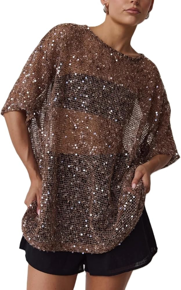 Women Sequin Sheer Short Sleeve Glitter T Shirt Oversized Sparkly Hollow Out Knit Cover Up Beach ... | Amazon (US)