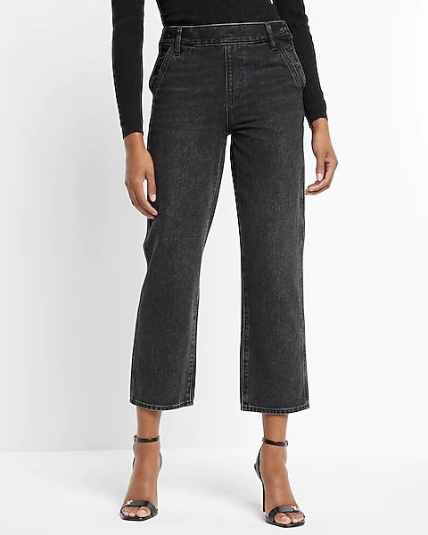 High Waisted Washed Black Side Button Straight Ankle Jeans | Express