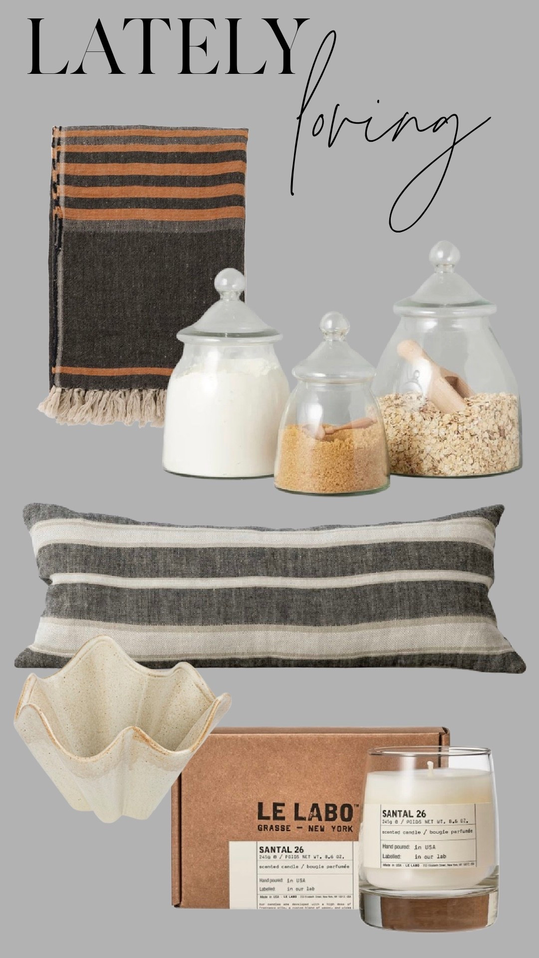 Neutral textures and timeless pieces I’ve been reaching for lately — cozy striped linens, hand-crafted glass canisters, sculptural ceramics, and that iconic Le Labo Santal 26 scent. Effortless, elevated, and perfectly understated.

#LTKGiftGuide #LTKFindsUnder100 #LTKHome