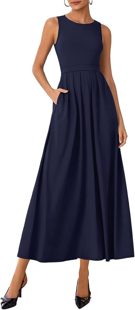 Lazysmile Summer Sleeveless Maxi Dresses for Women Mock Neck Pleated A Line Formal Cocktail Weddi... | Amazon (US)