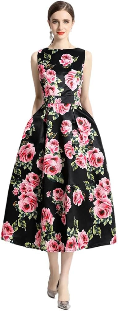 Women's Floral Dress Sleeveless Tank High Waist Flower Print Long Calf Length Party | Amazon (US)