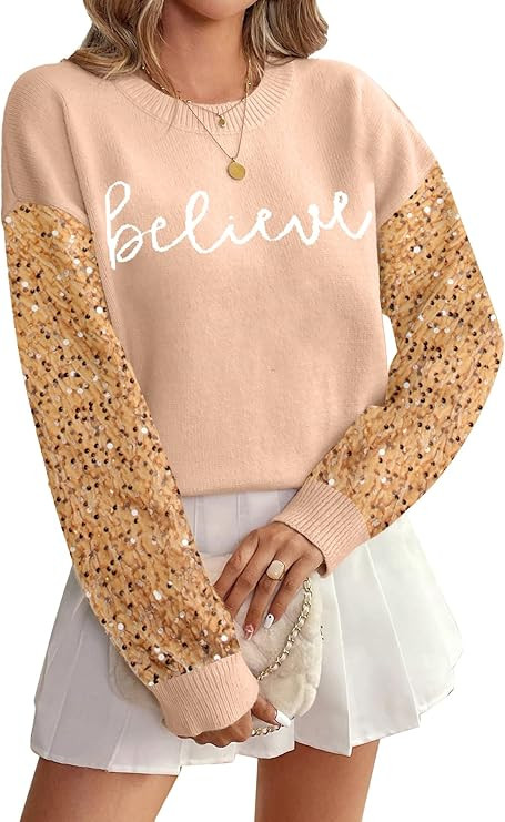 Christmas Sequin Sweater Womens Believe Christmas Sweatshirt Crewneck Long Sleeve Xmas Holiday Kn... | Amazon (US)