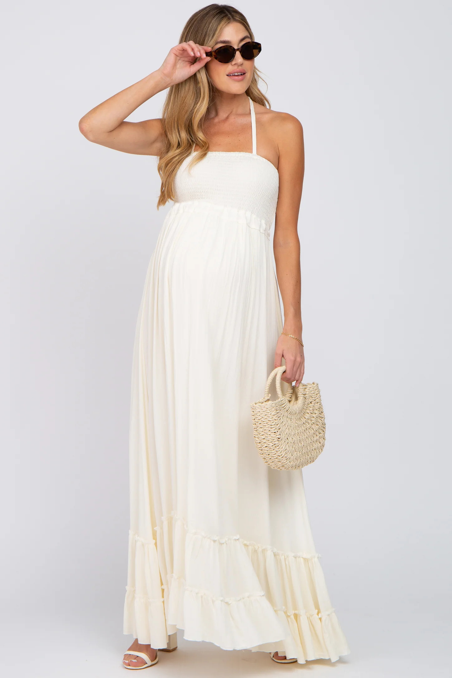 Cream Halter Neck Cut Out Maternity Maxi Dress | PinkBlush Maternity
