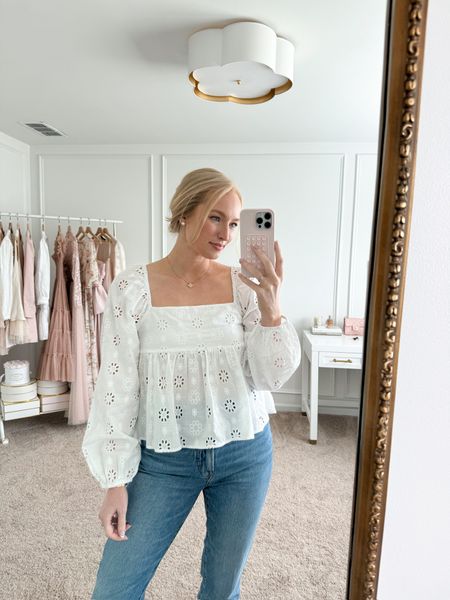 Wearing this Nordstrom eyelet top on repeat this season! It’s light and airy and can be dressed up with heels or worn casually with flats! Wearing size small in the top and size 27 in the jeans. Spring tops // casual tops // work tops // Nordstrom finds 

#LTKstyletip #LTKworkwear #LTKSeasonal
