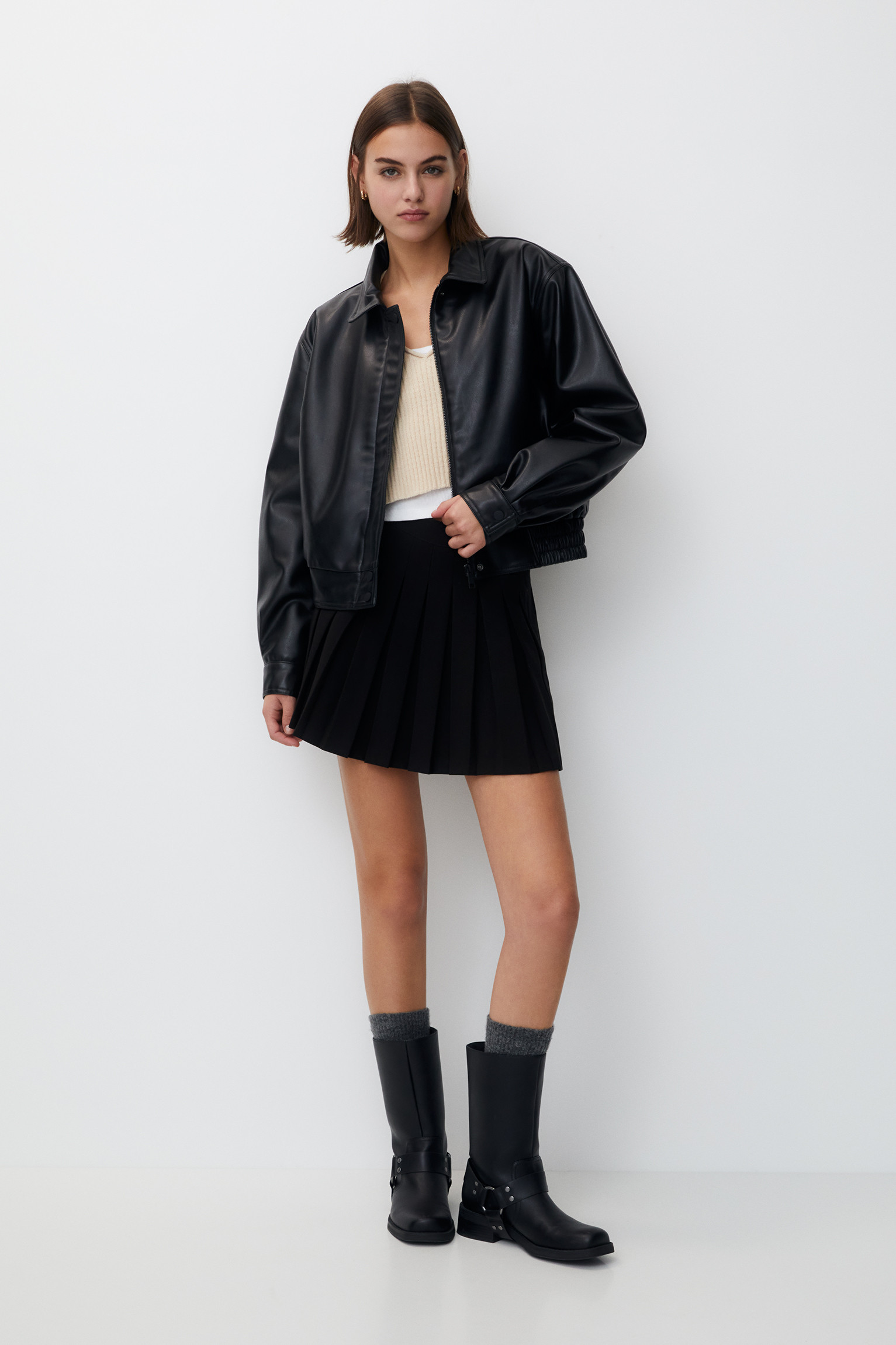 Faux leather jacket with an elasticated hem | PULL and BEAR UK