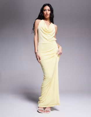 Aria Cove double layered slinky deep cowl neck open tie back maxi dress in yellow | ASOS | ASOS (Global)
