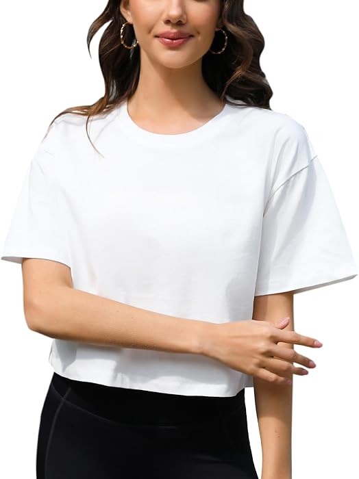 Women Workout Crop Top T-Shirt 100% Cotton Drop Shoulder Half Sleeve Oversized Yoga Running Cropp... | Amazon (US)