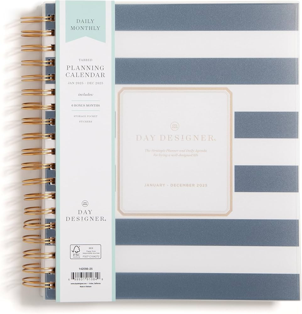 Blue Sky Day Designer 2025 Daily and Monthly Planner Calendar, January 2025 - December 2025, 8" x 10", Frosted Cover, Laminated Tabs, Wirebound, Storage Pocket, Navy Stripe (Rugby Stripe Navy- 2025, 8" x 10") | Amazon (US)