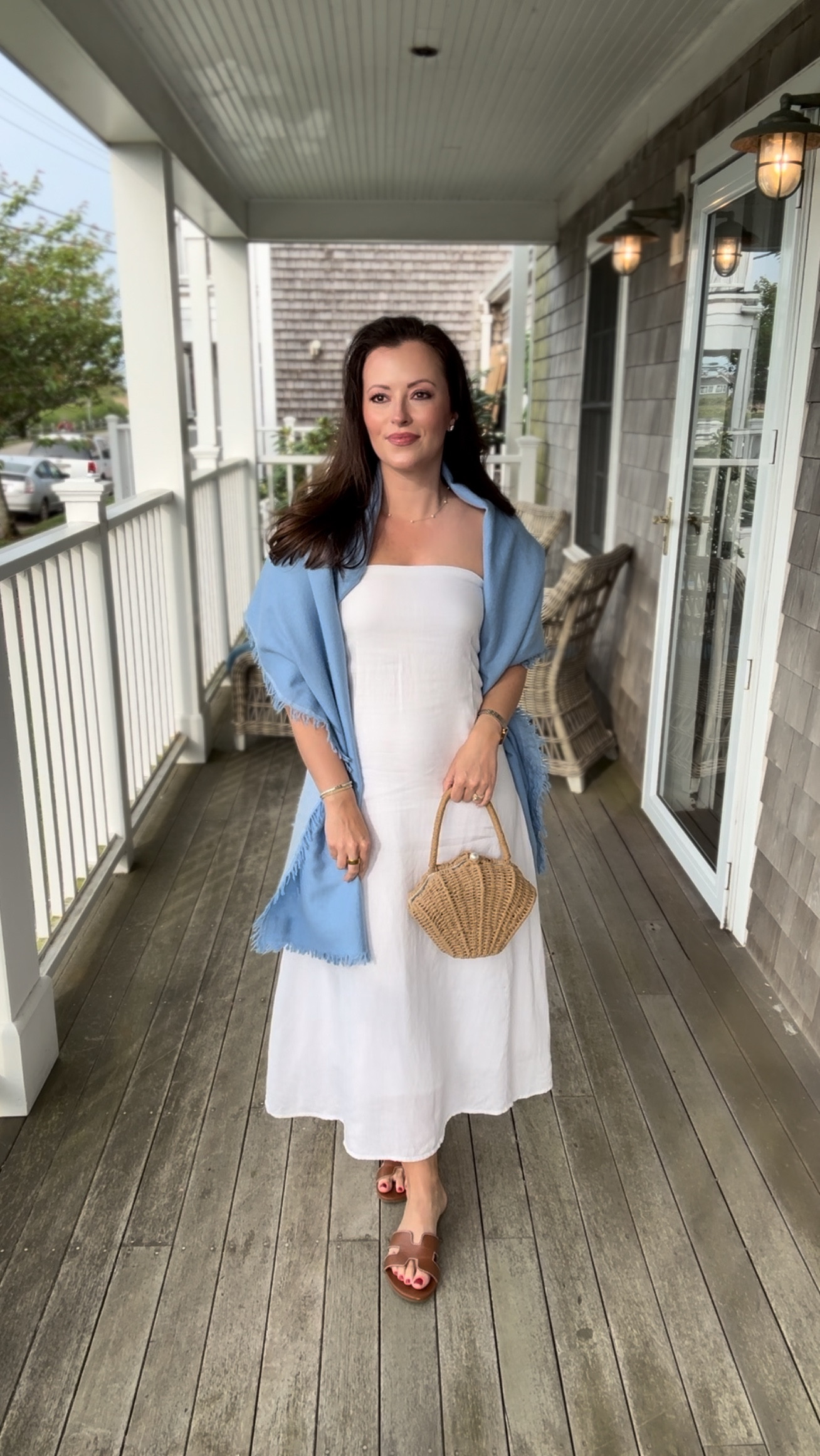 White linen dress with hydrangea blue French blue cashmere wrap- perfect for chill spring summer nights! Raffia rattan purse clutch 

What to wear in Nantucket
New England summer
Vacation outfit idea 
Nantucket casual day outfit 
Nantucket dinner outfit 

#LTKSeasonal #LTKStyleTip #LTKTravel