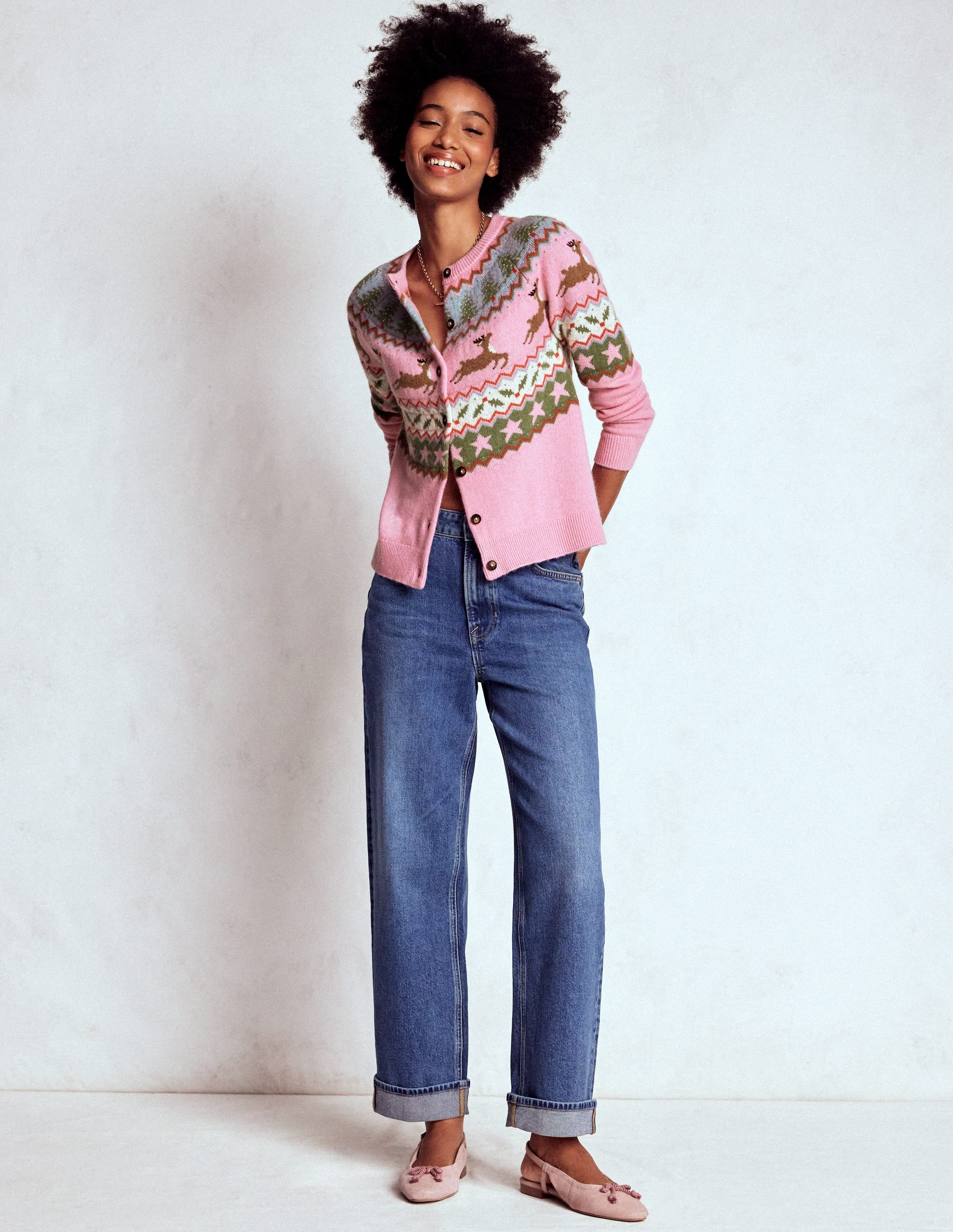 Edie Fair Isle Cardigan-Pink, Reindeer | Boden UK