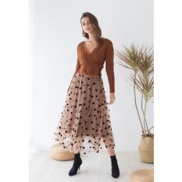 3D Heart Double-Layered Mesh Maxi Skirt in Caramel | Chicwish