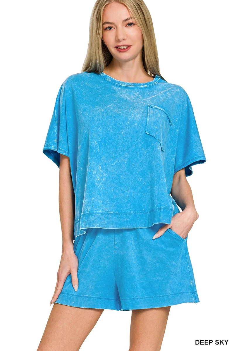 Zenana Acid Washed Oversized Top & Shorts Set | Charming Charlie