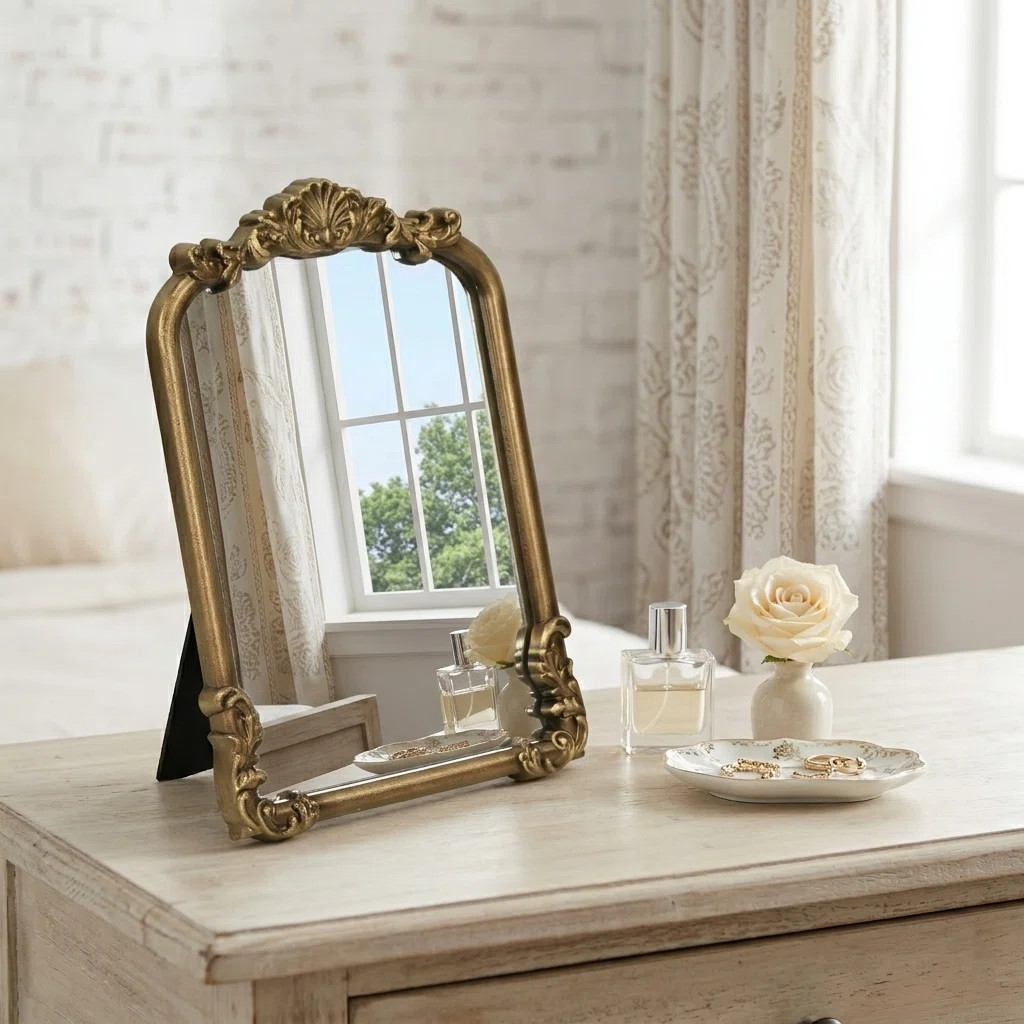Briseis Wood Standing Adorned Table Mirror - Gold | Wayfair North America