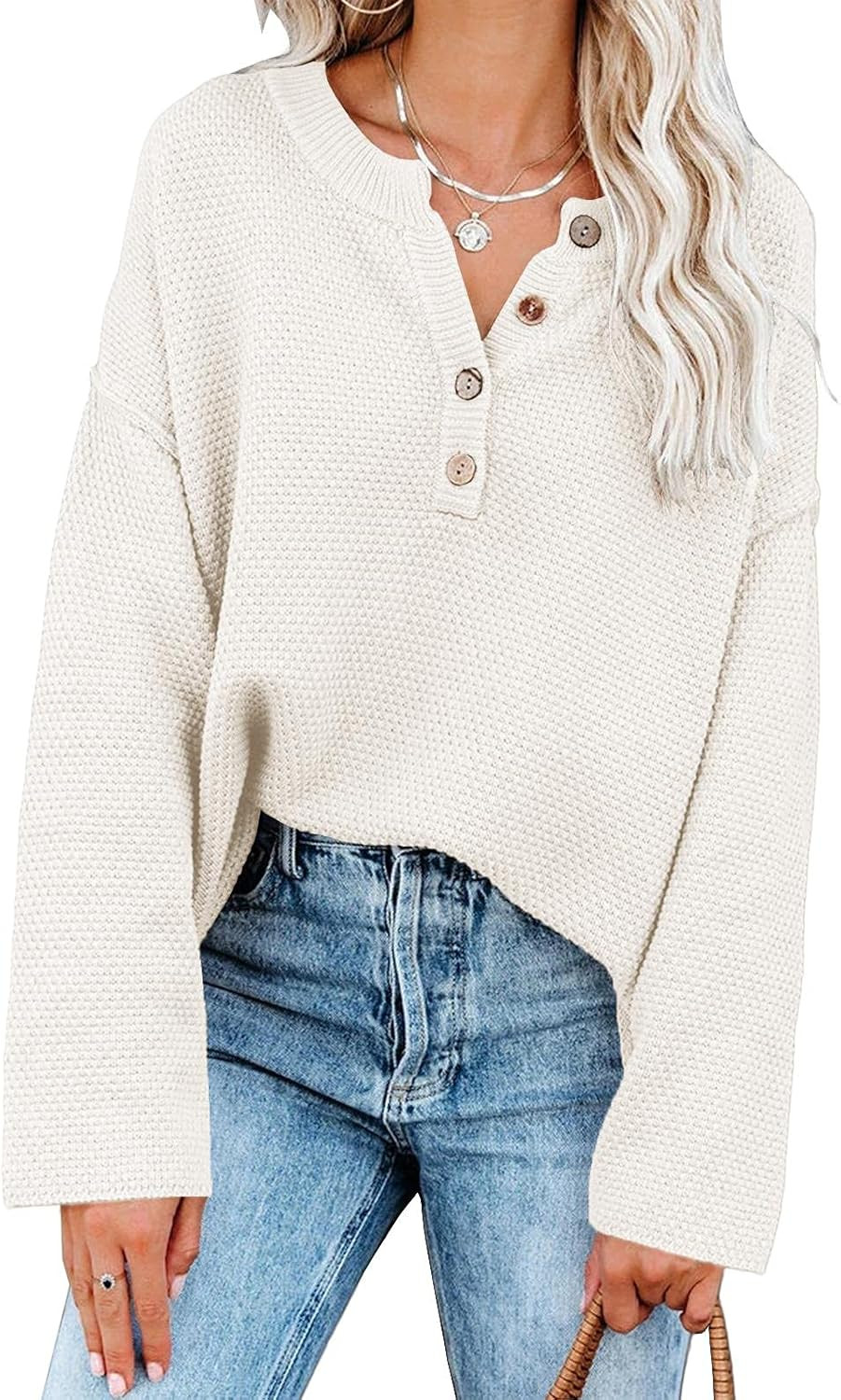 Saodimallsu Women's Oversized Sweaters Batwing Long Sleeve Loose V Neck Button Henley Tops Pullov... | Amazon (US)