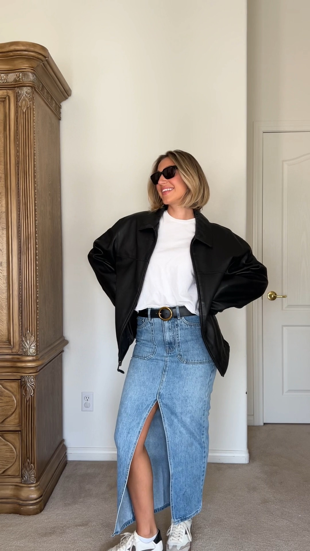 Fall outfit, fall style, black jacket, leather jacket, black leather jacket, white tee, white t-shirt, denim skirt, long denim skirt, maxi skirt, dolce vita sneakers, everyday sneakers, casual sneakers

#LTKSeasonal #LTKStyleTip