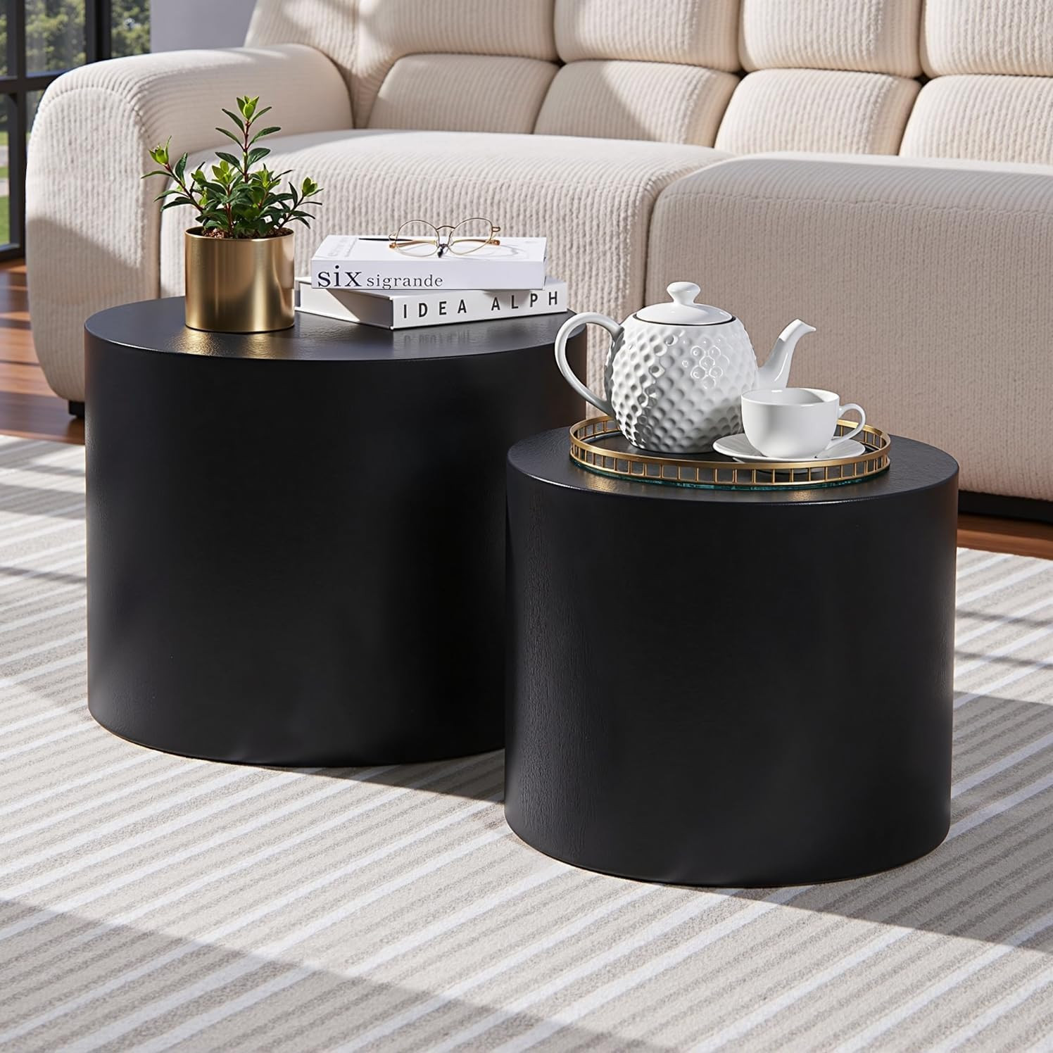 Nesting Coffee Table Set of 2, Modern Round Coffee Table with Non-Slip Feet, Wooden Circle Accent Tables for Small Spaces Living Room Bedroom Balcony Office Drum Side Table (Black) | Amazon (US)