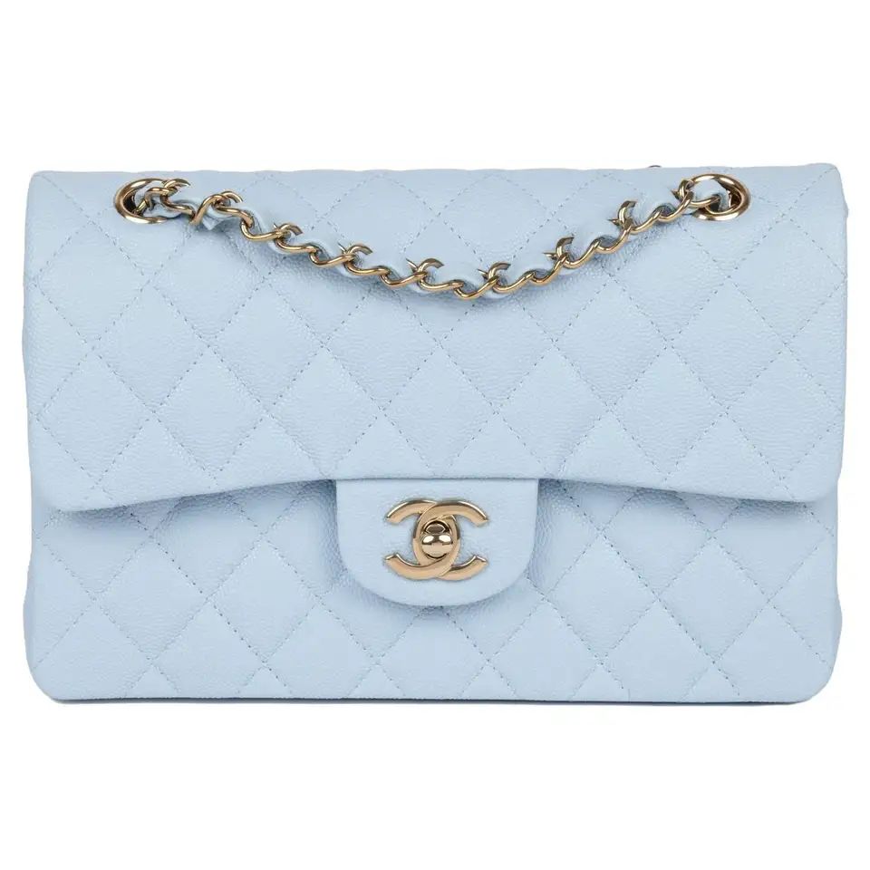 Chanel Light Blue Quilted Caviar Leather Small Classic Double Flap Bag | 1stDibs