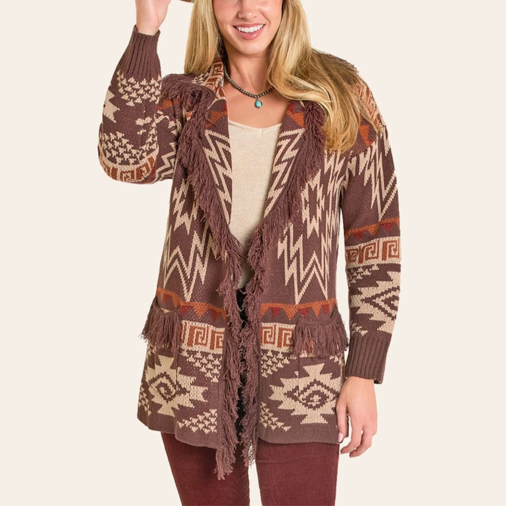 Rock & Roll Denim Women's Light Brown Aztec Print Cardigan | Cavender's