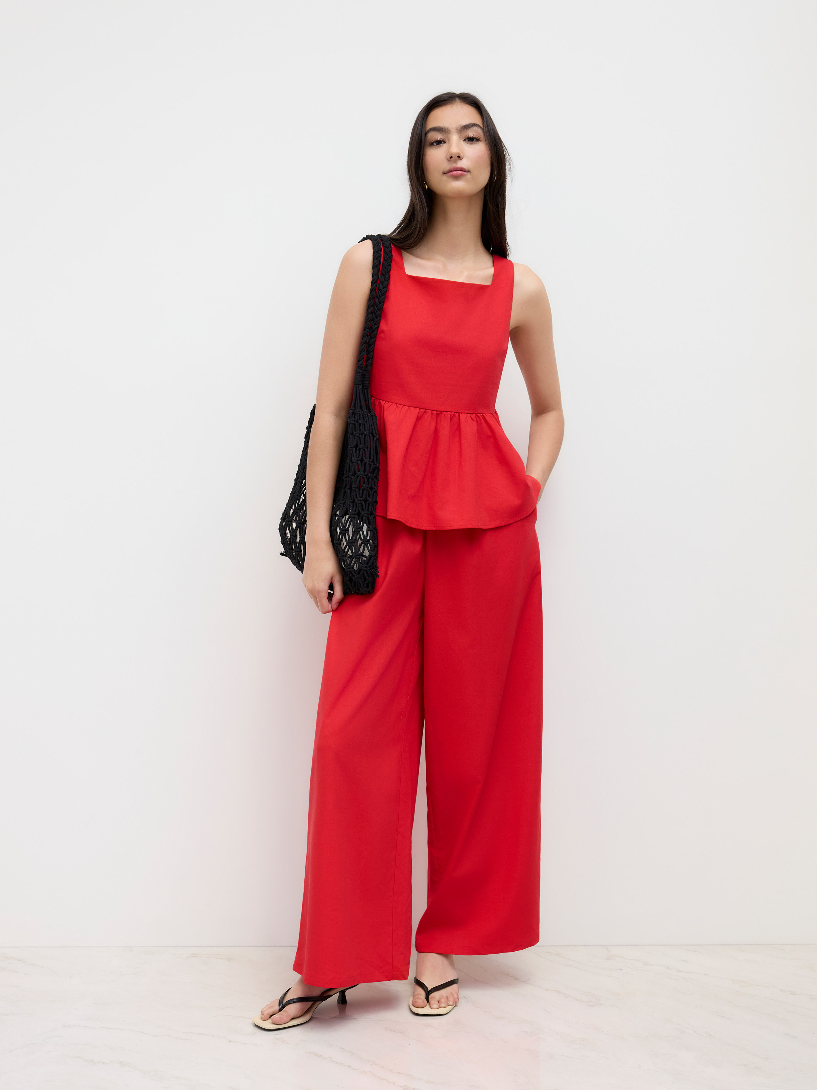 Linen-blend Linen-blend Square Neck Oversized  Ruffle Hem Tank Top & Wide Leg Trousers Set For Wo... | Cider