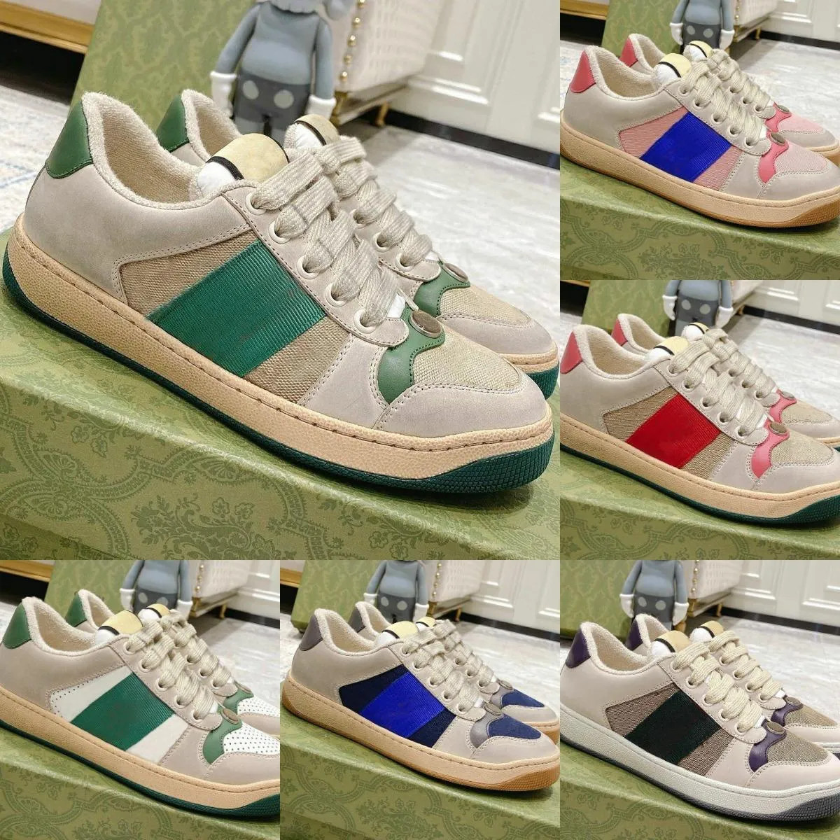 Designer Mens Womens Shoes Sneakers Womens Dirty Leather Shoes Blue Red Web Stripe Trainer Lace U... | DHGate