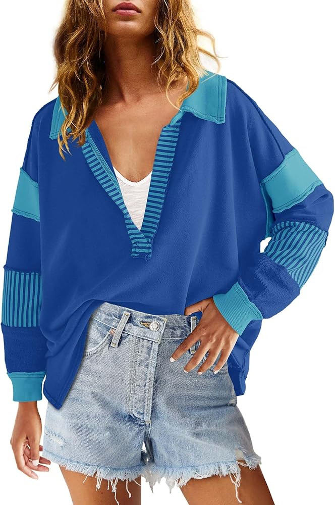 ReachMe Womens Oversized Striped Sweatshirts V Neck Loose Fit Tunic Colorblock Polo Shirts Patchw... | Amazon (US)