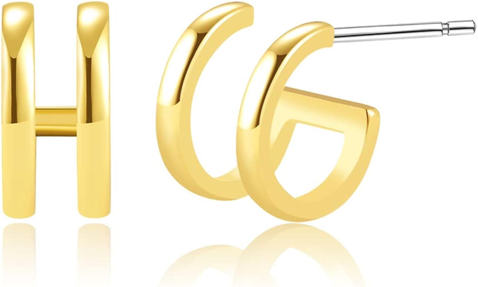 Obidos 14K Gold Plated Triple Huggie Illusion Stud Earrings | Double Huggie Hoop Earrings for One Ho | Amazon (US)