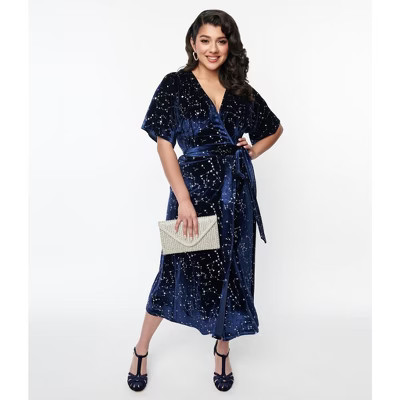 Unique Vintage 1970s Women's Wrap Midi Dress Navy S/4 | Target