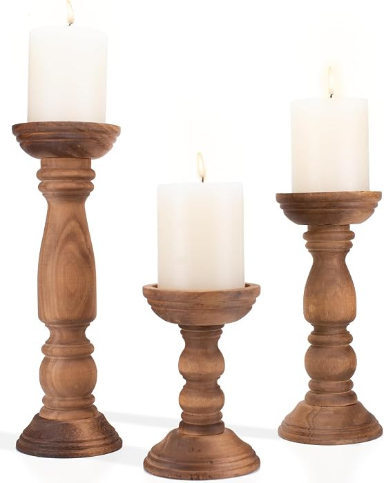 Farmhouse Wooden Candle Holders for Pillar Candles Set of 3, Rustic Wood Candle Holder Table Cent... | Amazon (US)