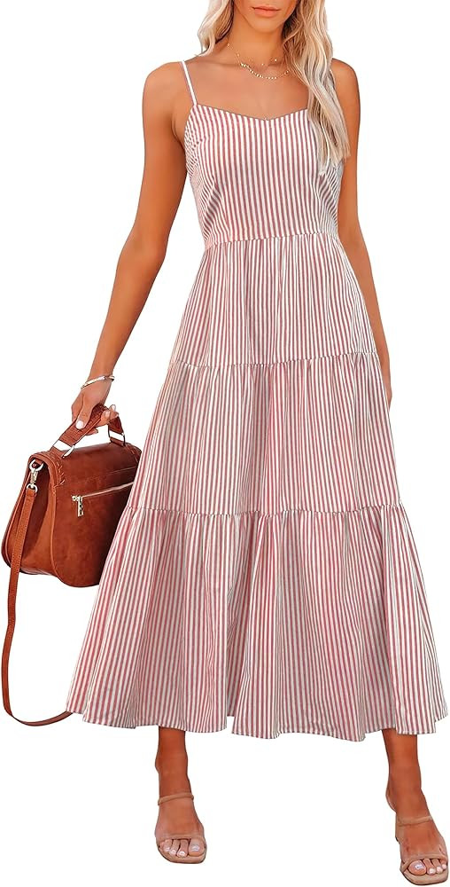 ANRABESS Womens Summer Midi Dresses Casual Striped Plaid Sleeveless Flowy Maxi Dress 2026 Beach V... | Amazon (US)