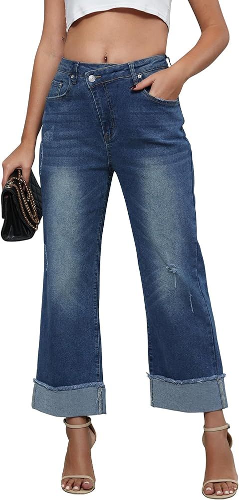 Genleck Women's Wide Leg High Waisted Jeans Crossover Baggy Jeans Boyfriend Stretchy Denim Pants ... | Amazon (US)