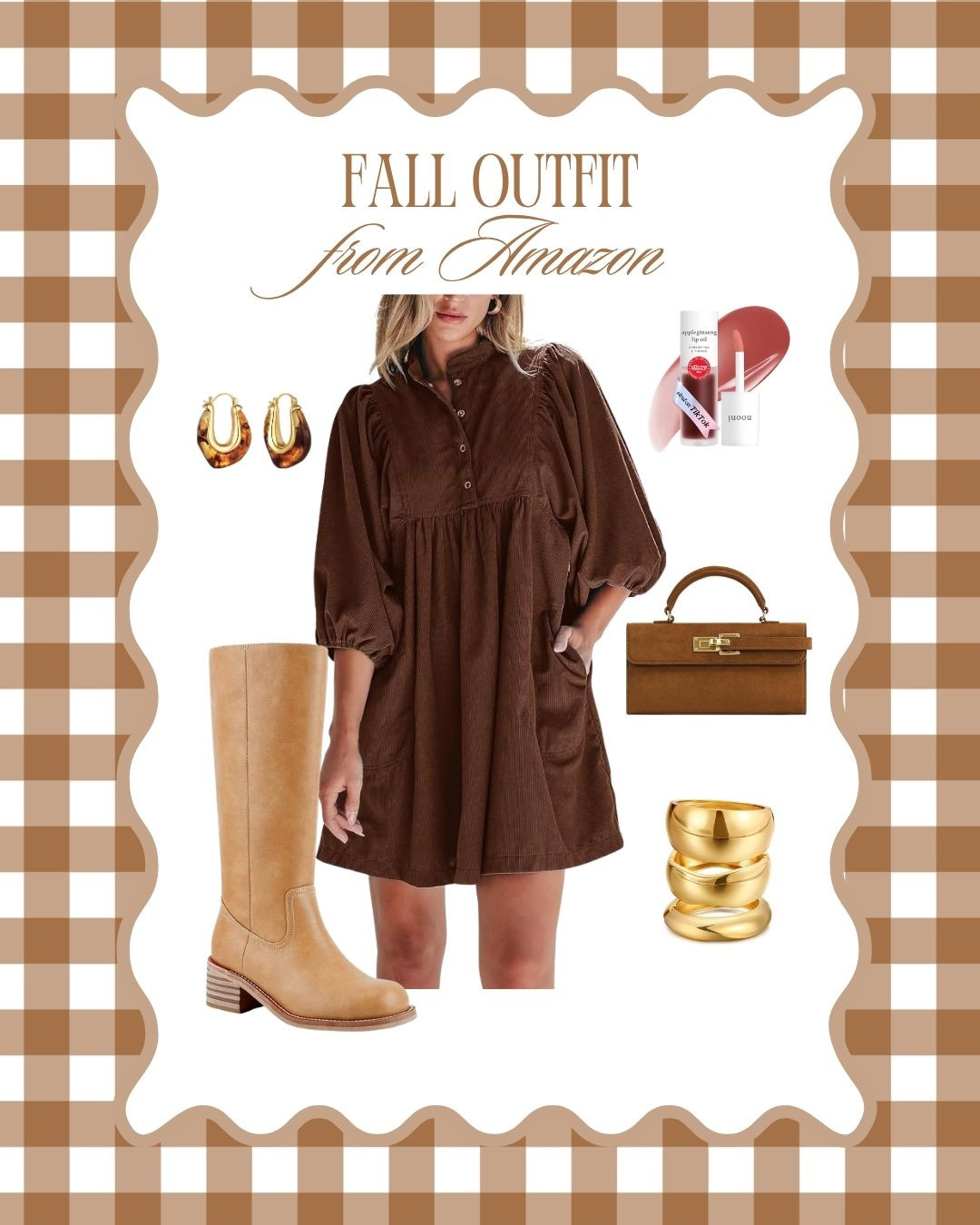 Perfect fall Amazon look!!!🤎🍂 The chocolate brown dress paired with tall boots, gold accessories, and a cute bag makes this such an easy outfit for fall dinners, family photos, or weekend plans! 

 #LTKootd #LTKSeasonal #LTKSaleAlert