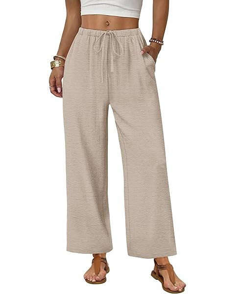Sampeel Wide Leg Pants for Women Flowy Palazzo Drawstring Elastic Waist Trousers with Pockets Sum... | Amazon (US)