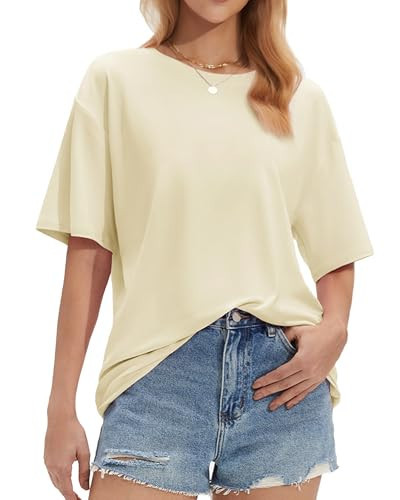 Stelle T Shirts for Women Crew Neck Short Sleeve Summer Tops Loose Fit Soft Basic Tee Shirt Creme Small | Amazon (US)
