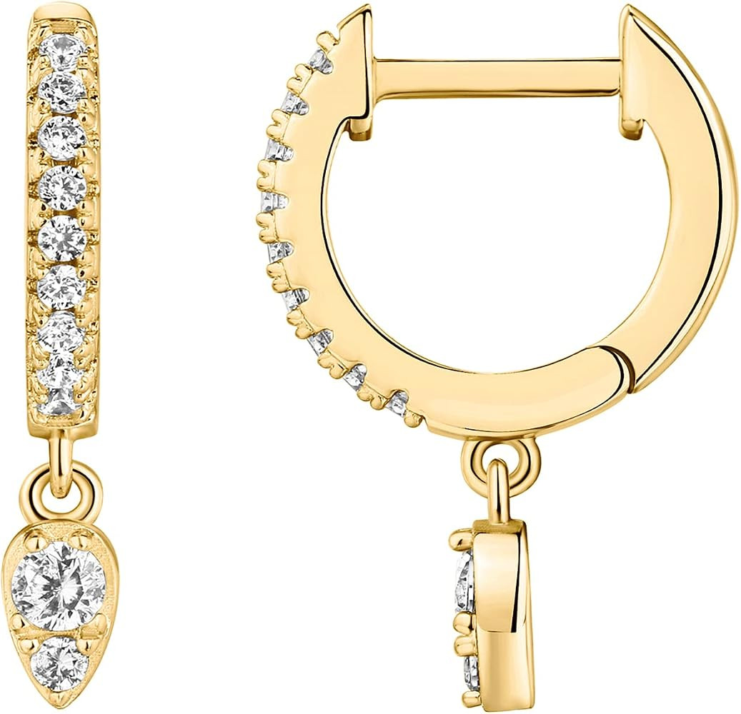 PAVOI 14K Gold Plated 925 Sterling Silver Post Huggie With Dangle | Small Gold Hinged Hoop Earrin... | Amazon (US)