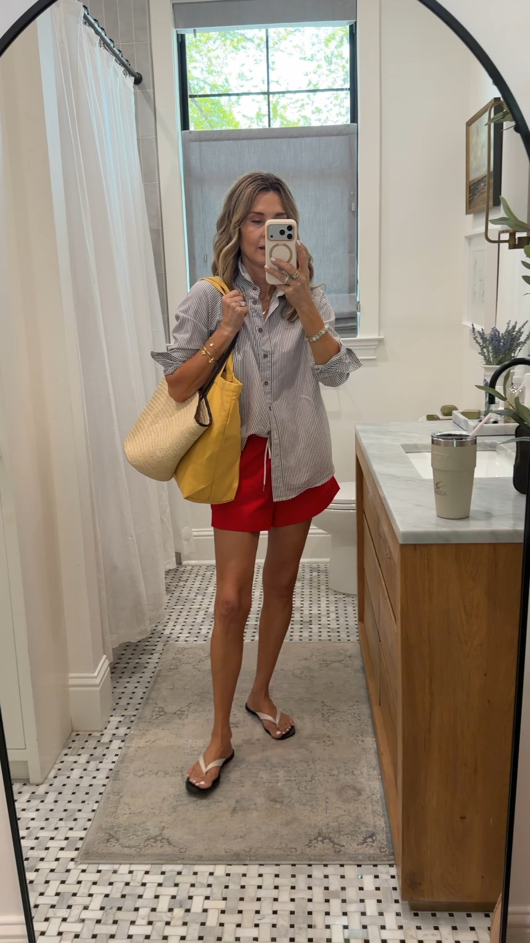 Button up back in stock sz XS discount code TAMMY15
-red shirts
-Amazon sandals 
-straw bag @SEZANE

#LTKootd