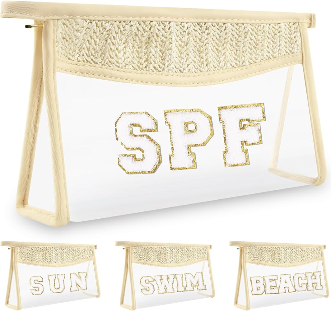 Clear Makeup Letter Patch Makeup Bag SPF Pouch, Boho Clear Toiletry Bag Travel Preppy Small Cute ... | Amazon (US)