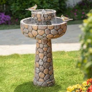 Glitzhome 24.4"H Outdoor 2 Tierd Stone-Like Birdbath Fountain - Brown | Bed Bath & Beyond