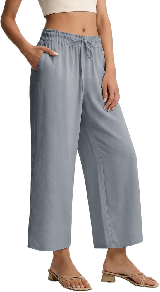 Womens Cropped Casual Pants Wide Leg Palazzo Pants Elastic Waisted Flowy Trousers with Pockets | Amazon (US)