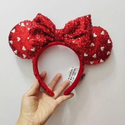 Red Heart Sequin Bow Disney Parks Valentine's Day Mickey Minnie Ears Headband | eBay US