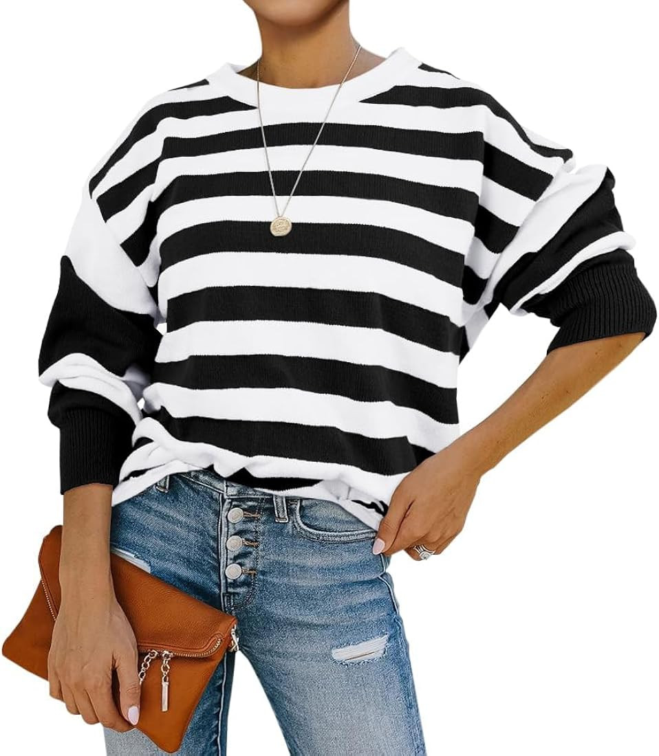 FERBIA Womens Striped Oversized Sweaters Crewneck Casual Long Sleeve Cozy Knitted Pullover Sweate... | Amazon (US)