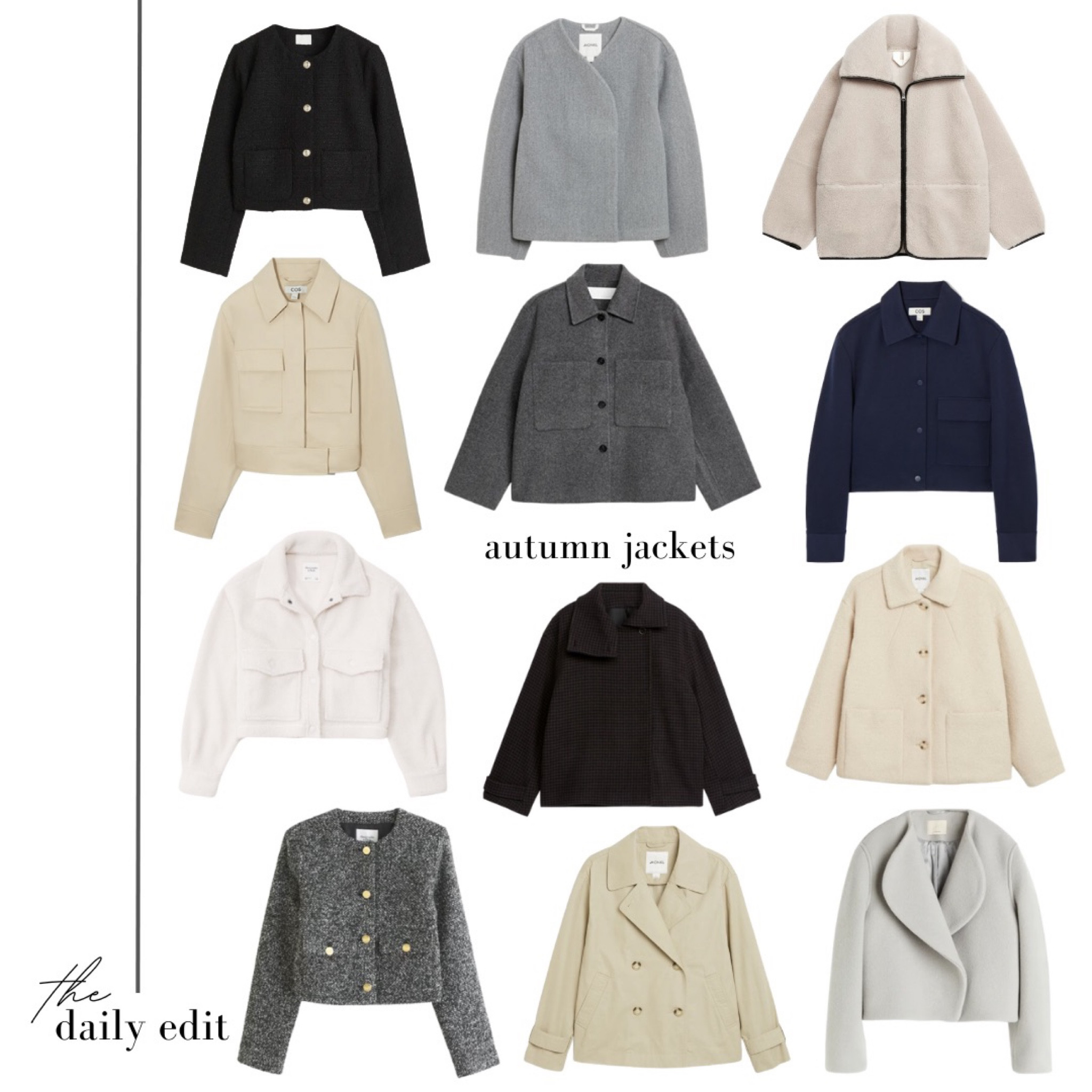 Some of my favourite jackets on the high street right now 🧥

Autumn jackets, autumn wardrobe, what to wear today, transitional wardrobe, mango new in, cos jacket, & other stories jacket, H&M new in jacket, Sherpa jacket, trench coat, teddy jacket, neutral wardrobe, boucle jacket, Chanel inspired, quiet luxury, virtual stylist, the daily edit, autumn outfit inspo, outfit inspiration

#LTKstyletip #LTKeurope #LTKSeasonal