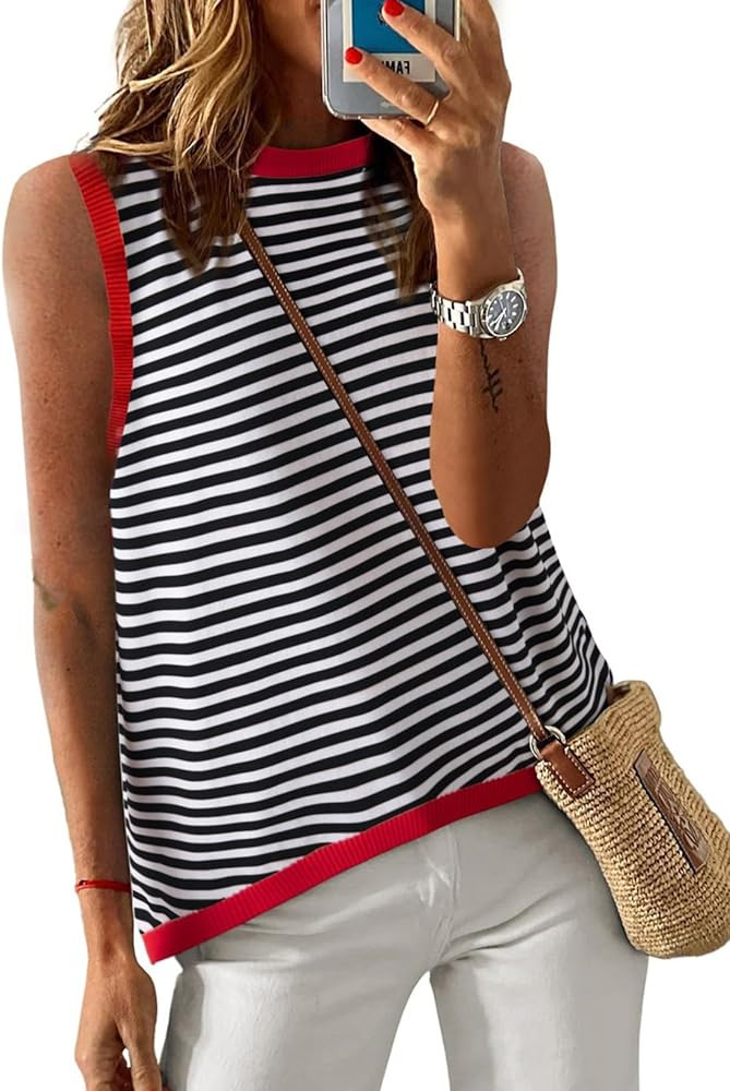 Dokotoo Womens Summer Tops 2024 Casual Striped Color Block High Neck Tank Top Loose Knit High Low... | Amazon (US)