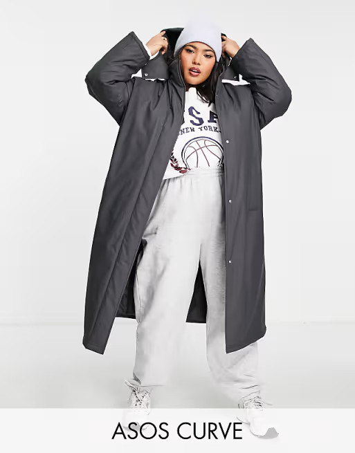 ASOS DESIGN Curve rubberised padded rain coat in charcoal | ASOS | ASOS (Global)