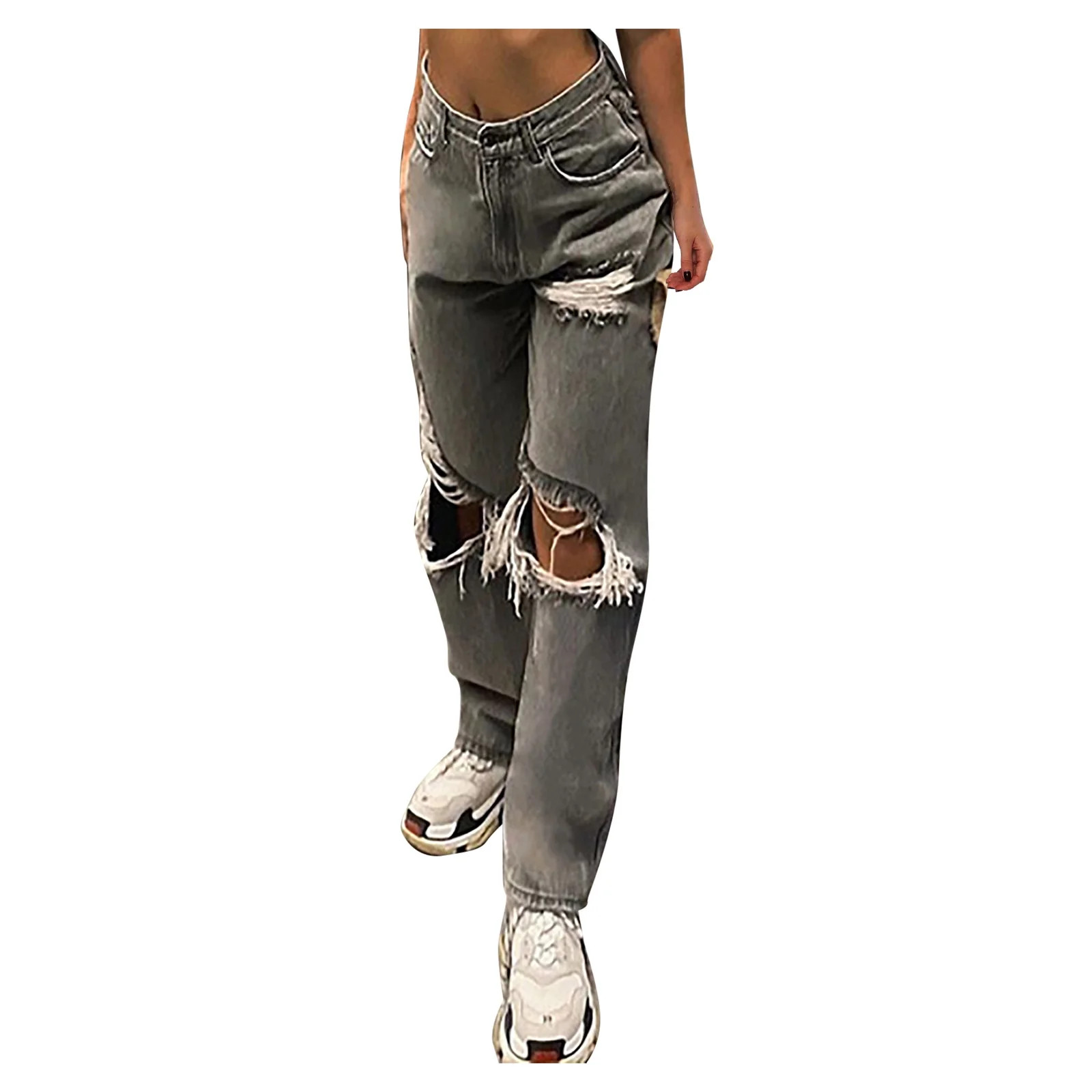 Jianshyue Women's Cropped Pants Women Button High Waist Pocket Solid Color Jeans Trousers Loose D... | Walmart (US)