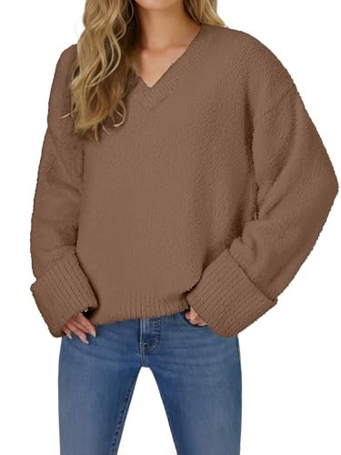 Vrtige Women's Oversized Sweater Fuzzy Chunky Knit V Neck Long Sleeve Warm Pullover Sweater Brown Large | Amazon (US)