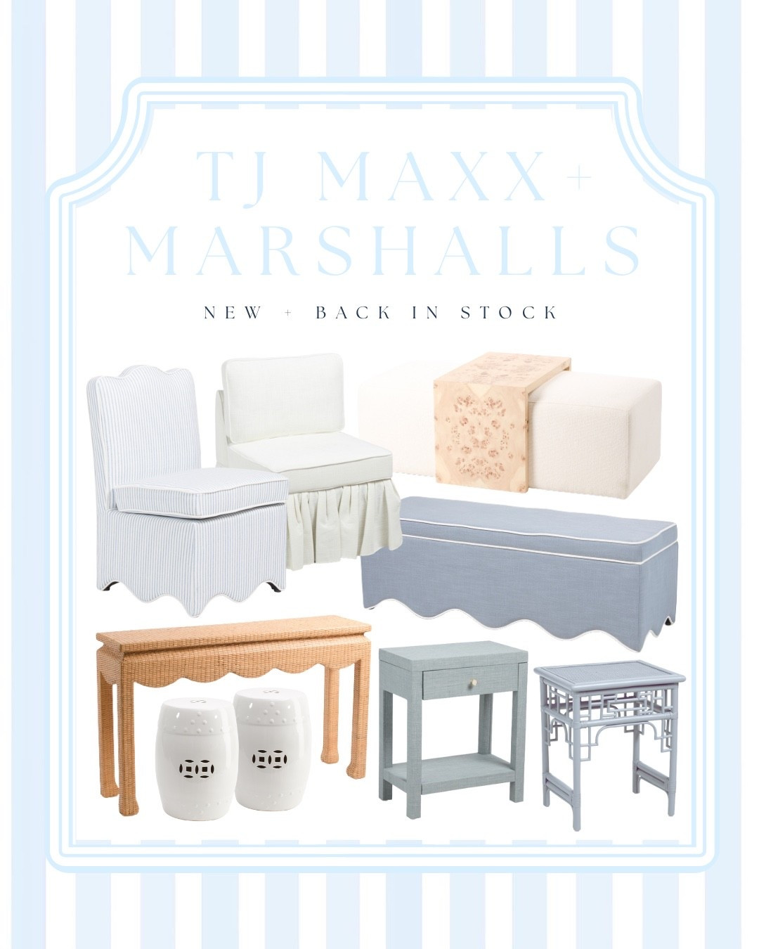 Southern Coastal home decor finds from TJ Maxx & Marshalls ✨
• Light Blue Striped Scalloped chairs • Scallop detail storage benches and rattan console table • chinoiserie end table • neutral ottoman with burlwood table top • blue linen wrapped side table • ceramic garden stools • skirted accent chair

Perfect for a modern coastal, preppy, Society Social or Serena & Lily–inspired space — and everything is linked here on my LTK! Hurry before these Look for Less styles sell out 
#coastalhomedecor #tjmaxxhome #marshallsnewarrivals #affordablehomedecor

#LTKHome