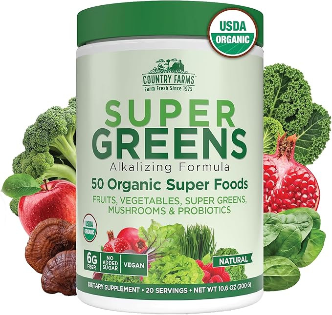 Country Farms Organic Super Greens Natural Flavor, 50 Organic Super Foods, Packed with Fiber, USD... | Amazon (US)