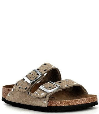 Arizona Suede Rivet Detail Double Banded Slide Sandals | Dillard's