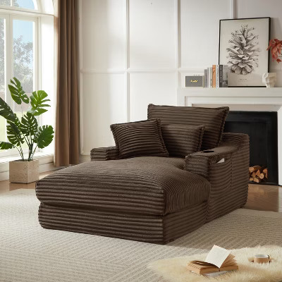 Oversized Boneless Sofa Bed, Corduroy Chaise Lounge Chair Indoor with Cup Holders & 3 Pillows, Deep Seat Sleeper Couch Reading Chairs, Brown | Target