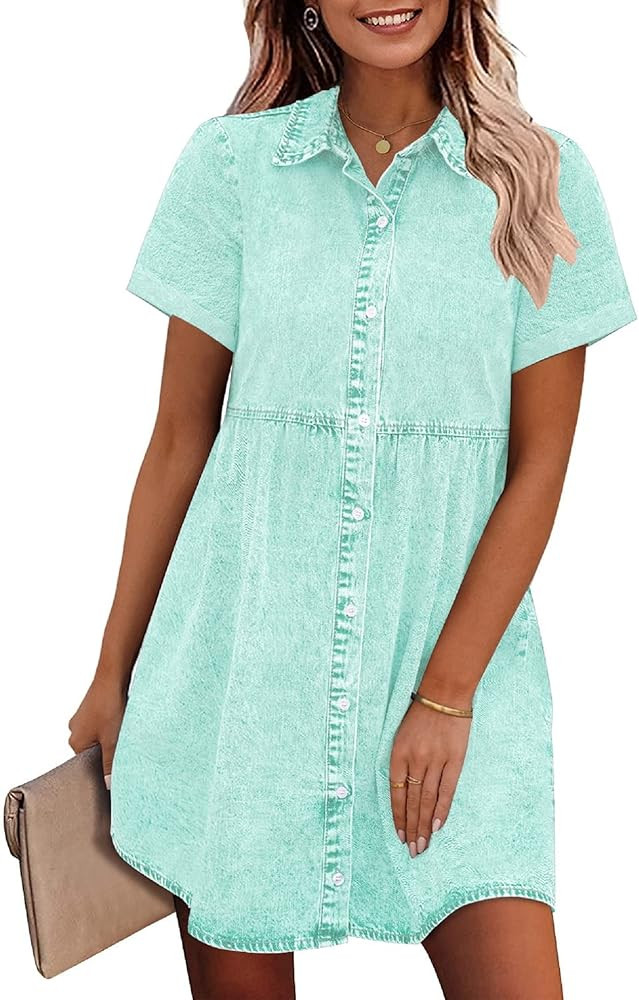 GRAPENT Denim Dress for Women Babydoll Tiered Short Sleeve Button Down Jean Shirt Dresses | Amazon (US)
